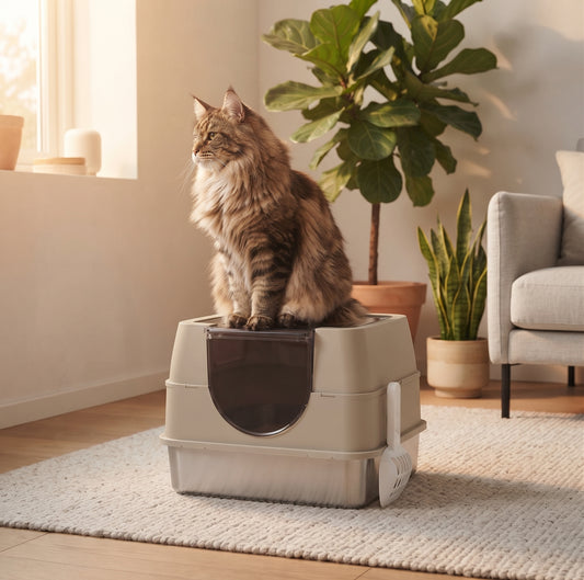 Stainless steel enclosed cat litter box with flip top lid in beige, large Maine Coon cat sitting on top in modern living room