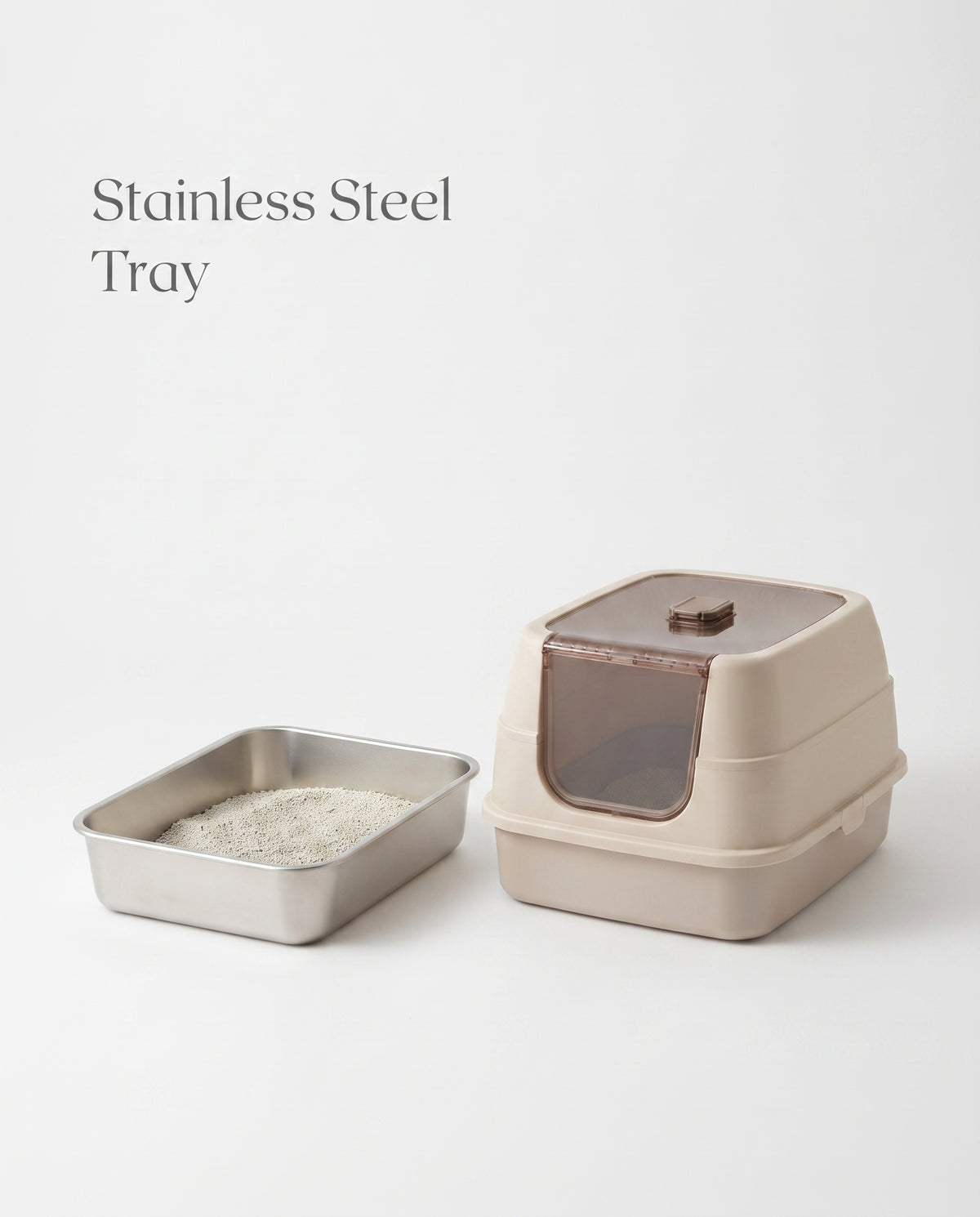  Stainless steel litter box product shot on white background with accessories and scoop