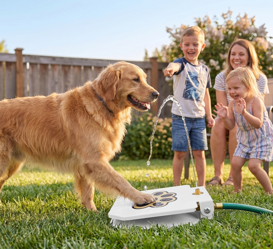 Family with Golden Retriever using GianfiStore Step-On Dog Water Fountain – children laughing, mom smiling, sunny suburban backyard
