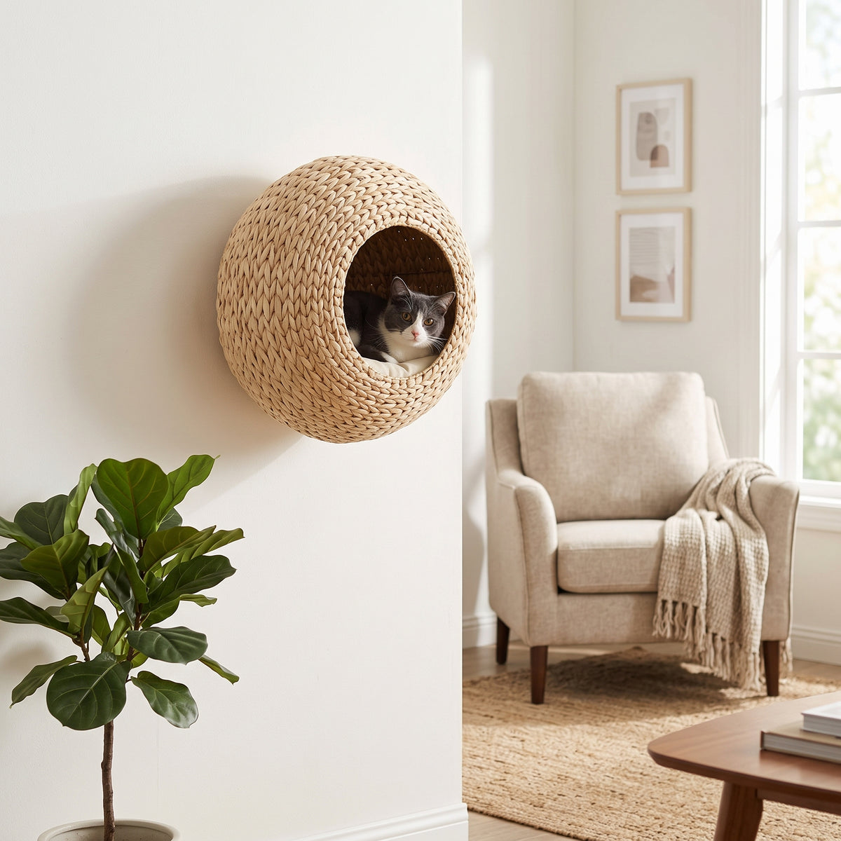 Small cat relaxing inside a beige woven cat cave mounted on a bright living room wall