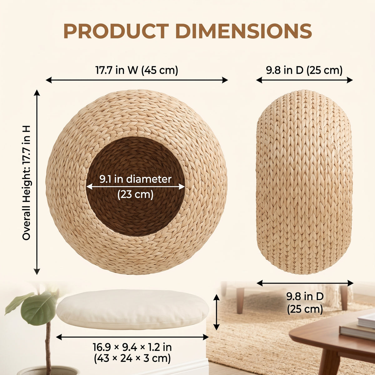 Wall-mounted woven cat cave dimensions: 17.7 inches wide and high, 9.8 inches deep, with 9.1-inch entrance