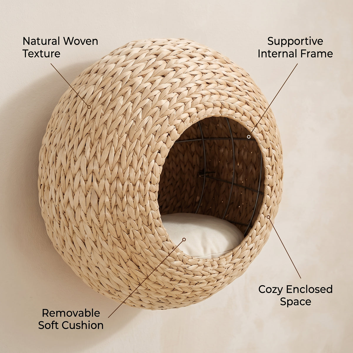 Beige woven cat cave showing natural cattail texture, supportive internal frame, and removable soft cushion