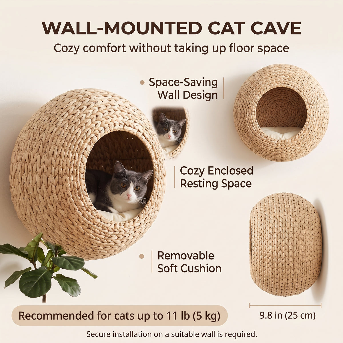 Wall-mounted woven cat cave with space-saving design, enclosed resting area, removable cushion, and 9.8-inch depth