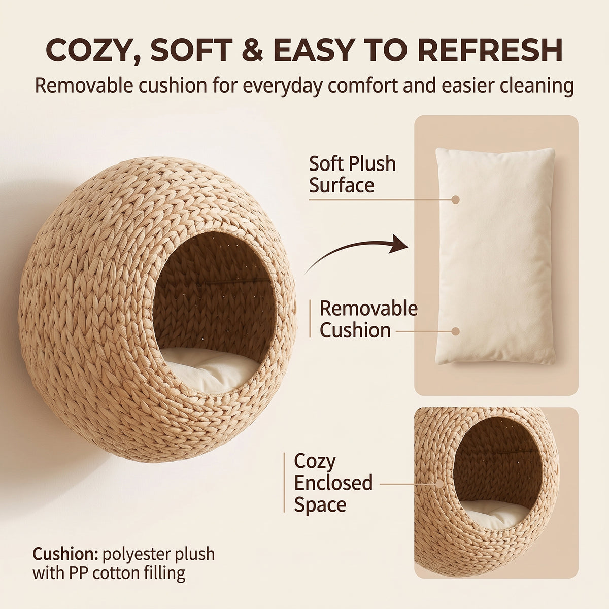 Wall-mounted woven cat cave with removable cream plush cushion for everyday comfort and easier cleaning