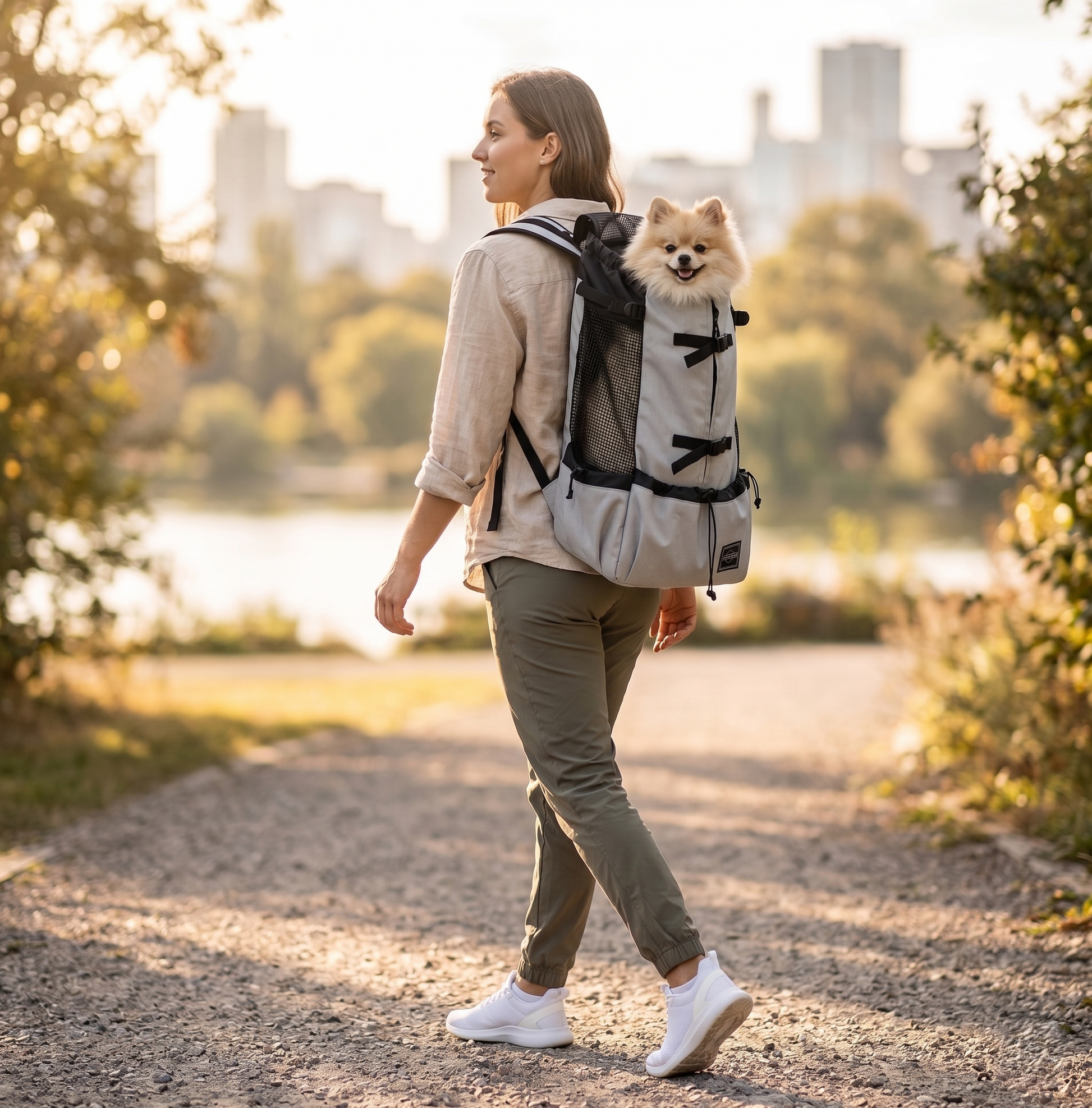 Woman walking in city park with GianfiStore dog carrier backpack - Pomeranian inside golden hour