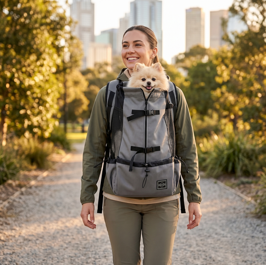 Smiling woman wearing GianfiStore grey dog carrier backpack outdoors - Pomeranian peeking out
