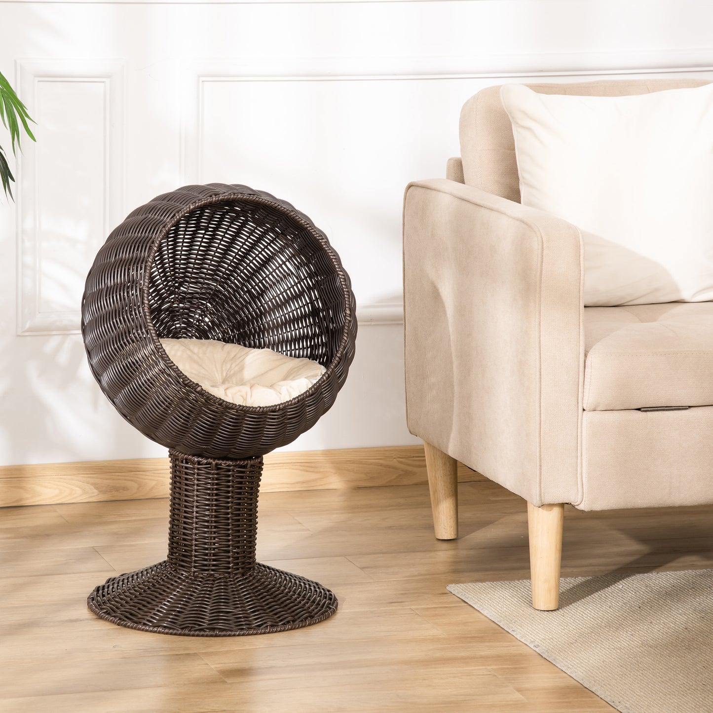 Elevated Rotating Cat Bed Hut - Modern Boho Woven Sphere Kitty Hideaway