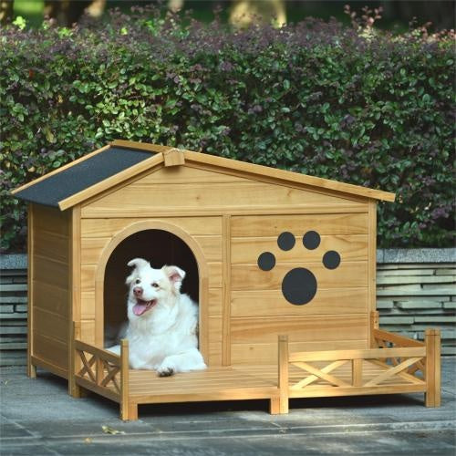48" Wooden Dog Mansion with Sun Porch & Fencing | All-Weather Luxury Kennel (66 lbs Capacity)