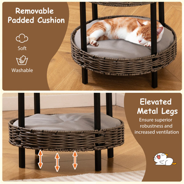 Removable padded cushion and elevated metal legs – wicker cat house features