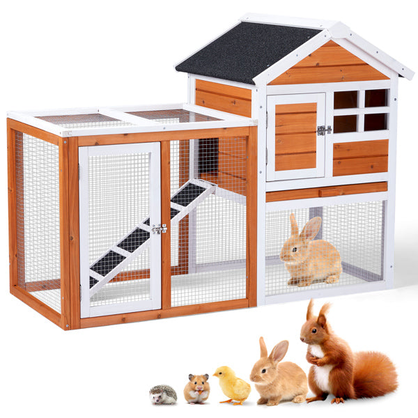 2-Tier Wooden Rabbit Hutch with Outdoor Run — Waterproof Bunny Cage | Solid Fir Wood