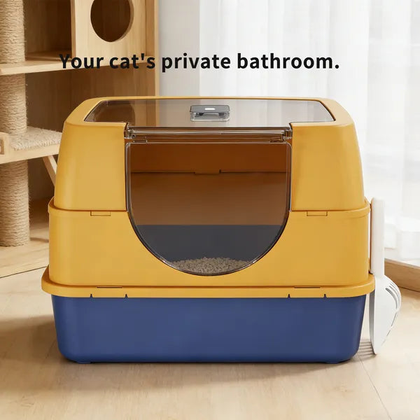 Enclosed cat litter box pink color stylish design fits apartment home decor