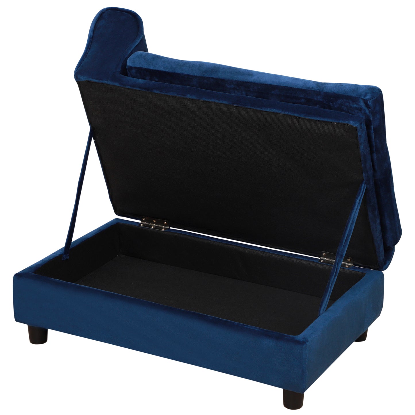 Blue tufted dog couch with hidden storage for pet toys and leashes