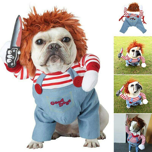 Chucky Dog Halloween Costume – Funny Adjustable Pet Cosplay with Wig & Knife Prop