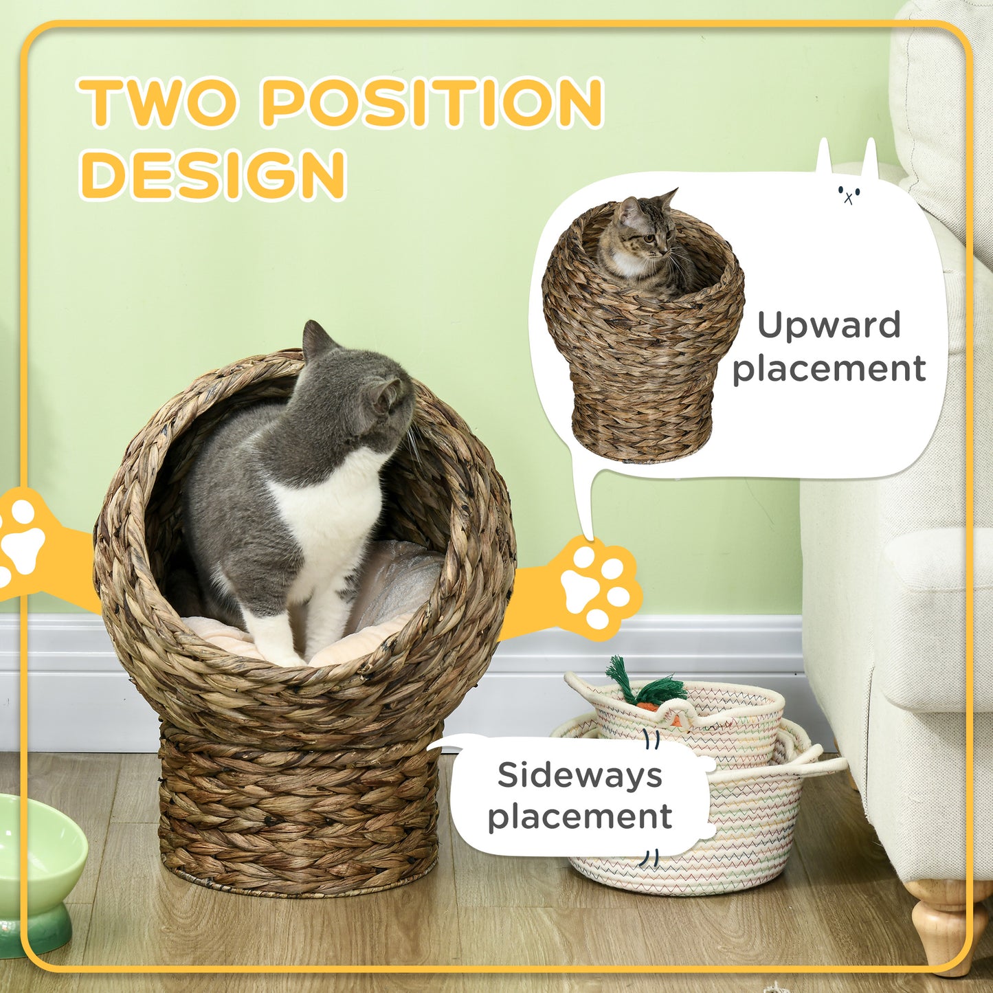 Elevated Wicker Egg Pod Cat Bed – Rotatable Basket House with Cushion