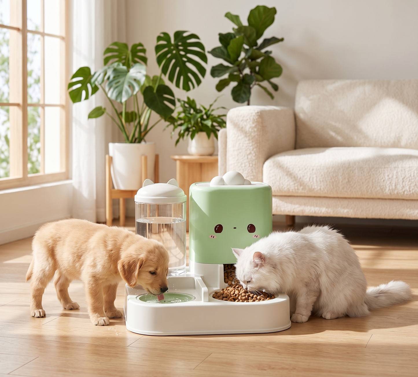 Two best friends, one perfect routine. Fresh water for him, a full bowl for her — every single morning, without lifting a finger.

