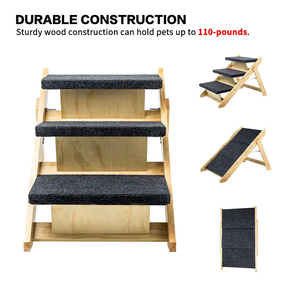 GianfiStore™ Folding Wooden Dog Stairs — 3-Step Pet Ramp for Beds & Cars | Supports 110 lbs
