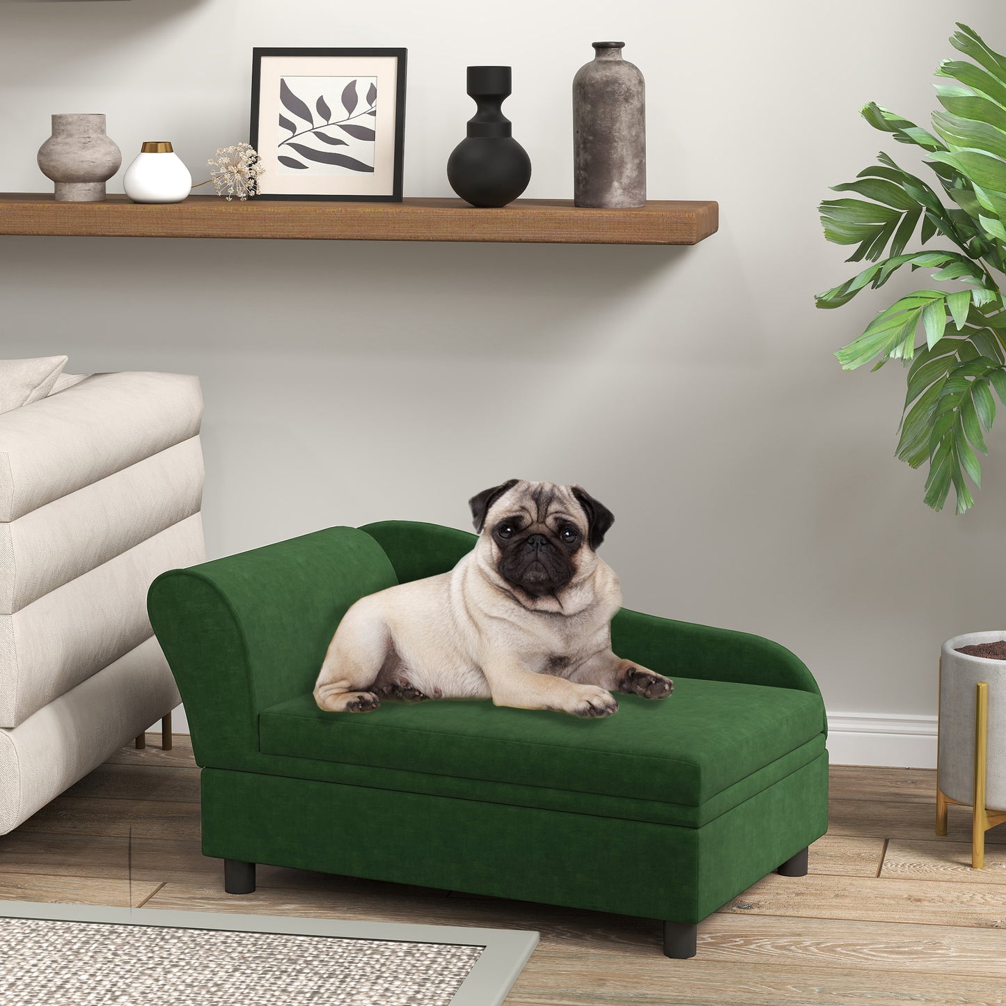Emerald green velvet dog sofa solid wood frame - detail view