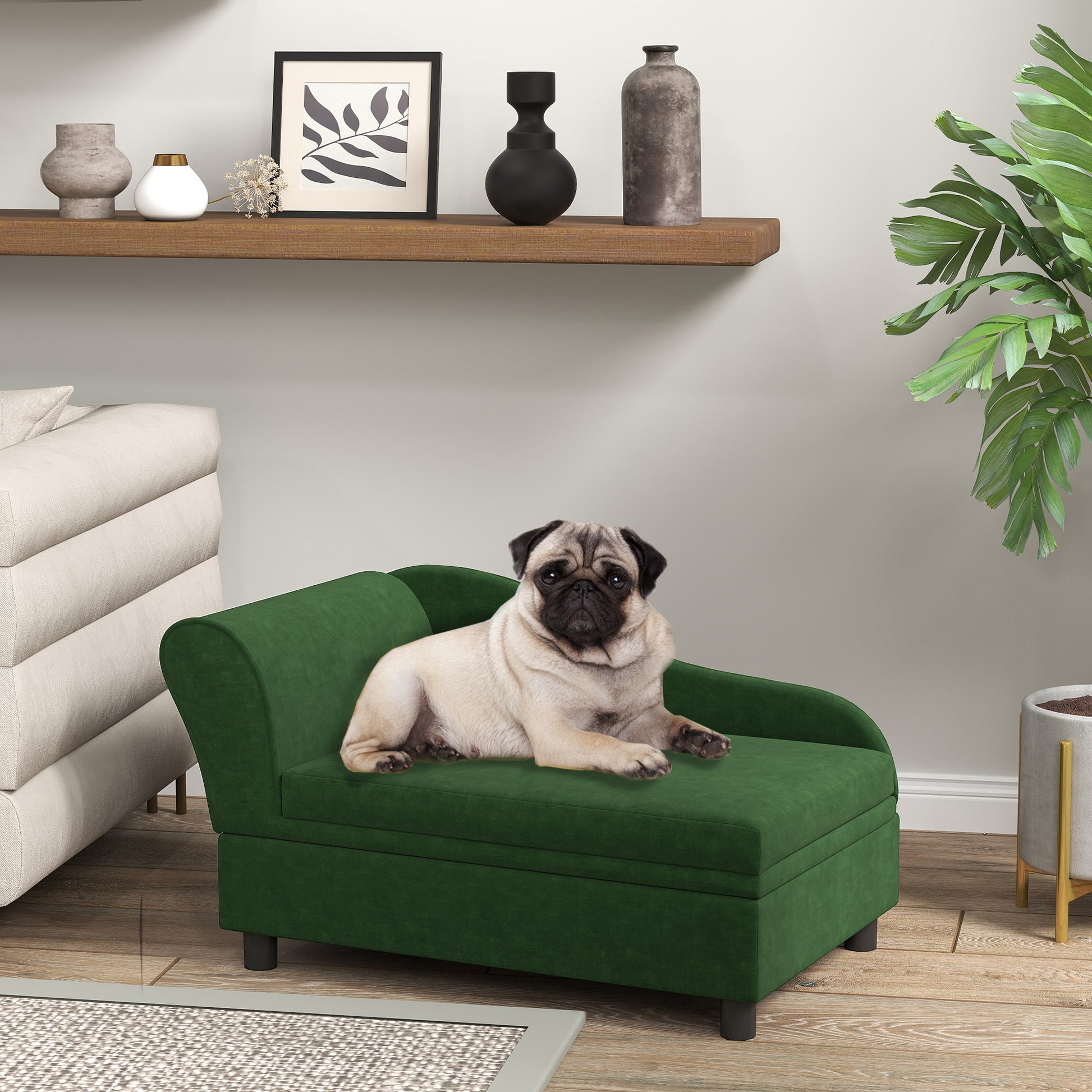 Emerald green velvet dog sofa solid wood frame - detail view