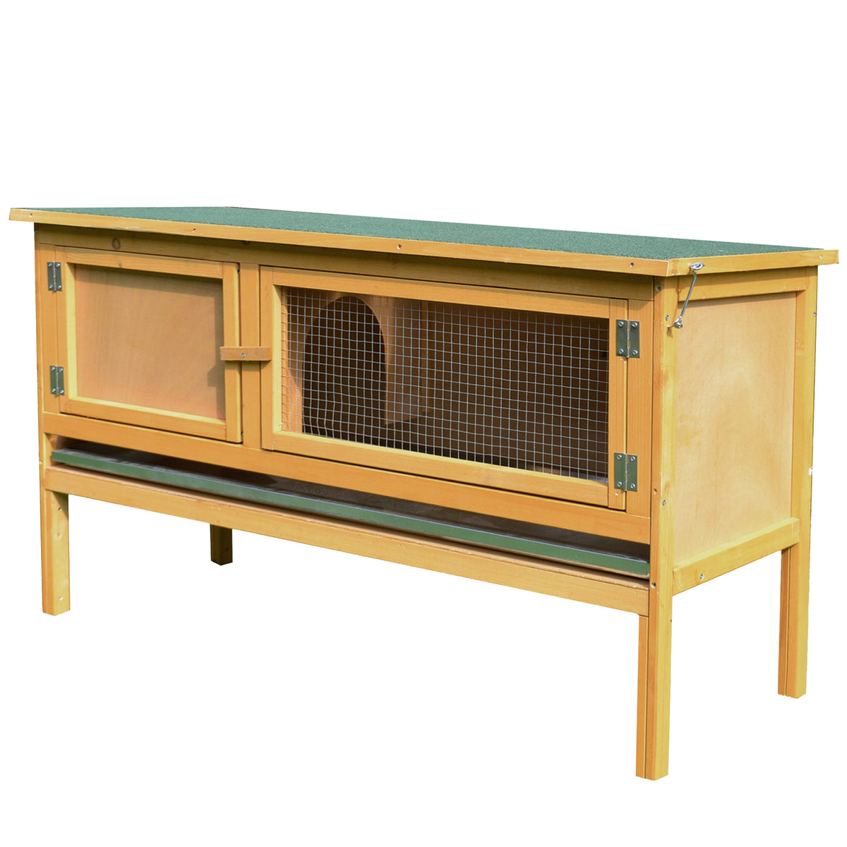 Extra-wide yellow wooden rabbit hutch with green asphalt roof, wire-mesh door and pull-out tray