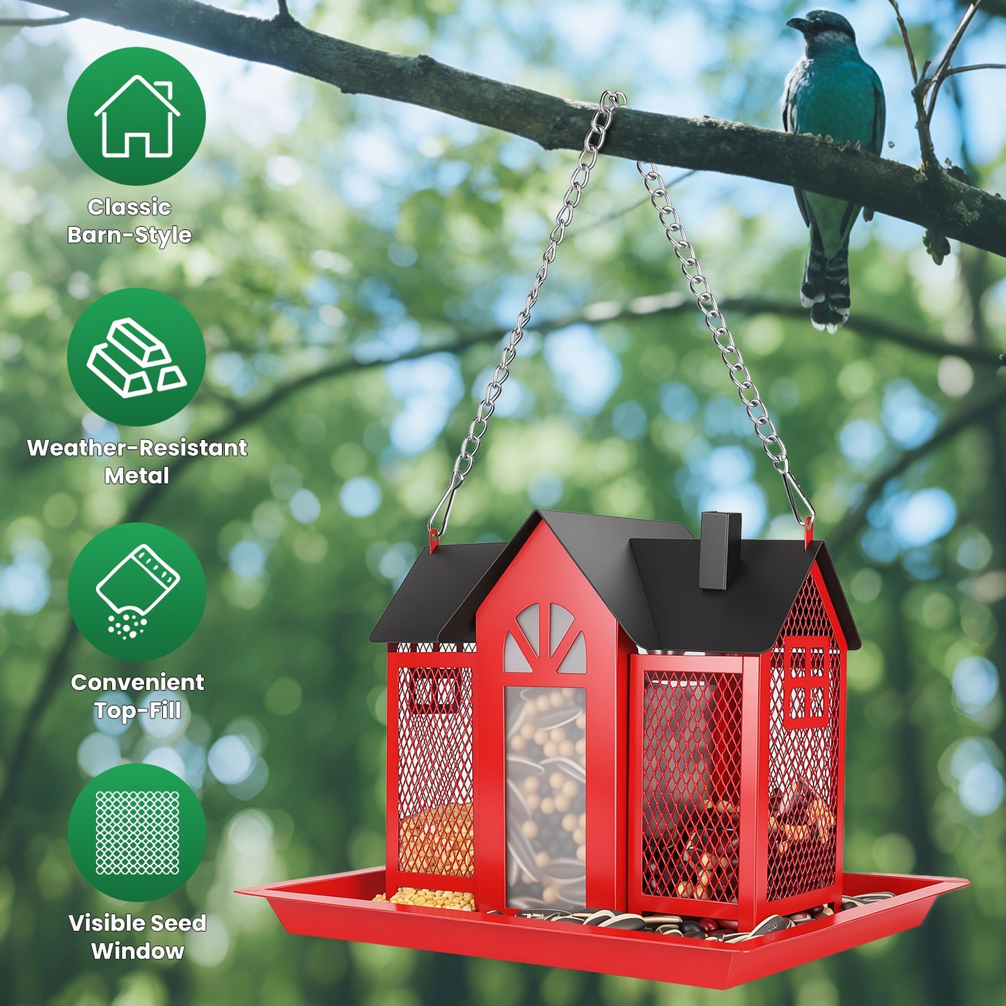 Metal bird feeder features infographic highlighting weatherproof design and visibility window