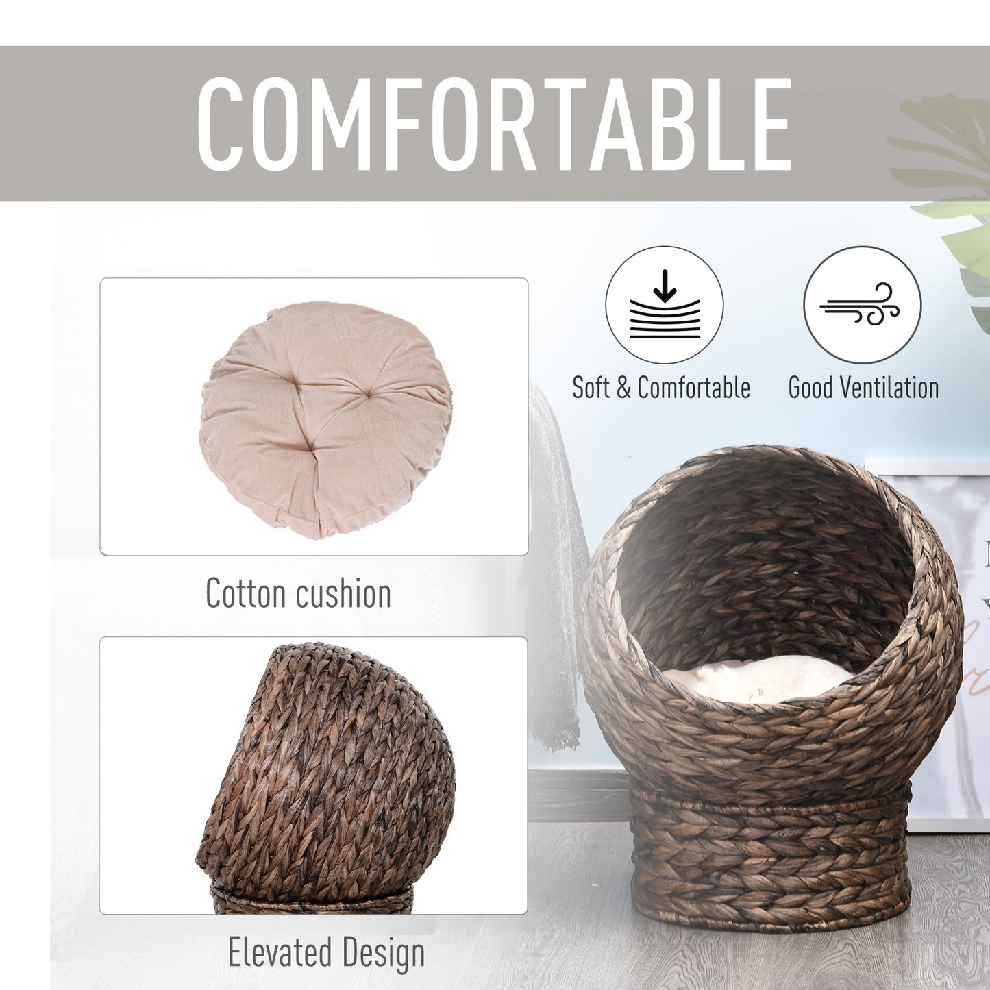 Handcrafted Elevated Rattan Cat Bed with Rotating Basket