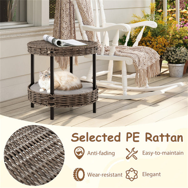 2-tier wicker cat house on porch – indoor outdoor pet furniture