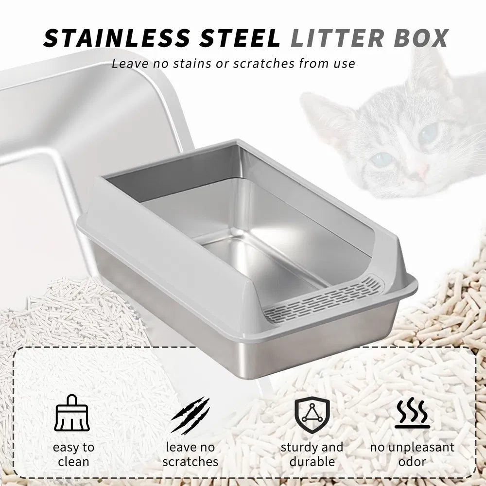 Grey stainless steel cat litter box – hygienic odor-free design for medium and large cats