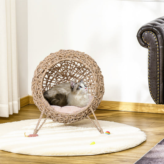 Handwoven Banana Leaf Cat Bed – Elevated Kitten House Condo with Cushion