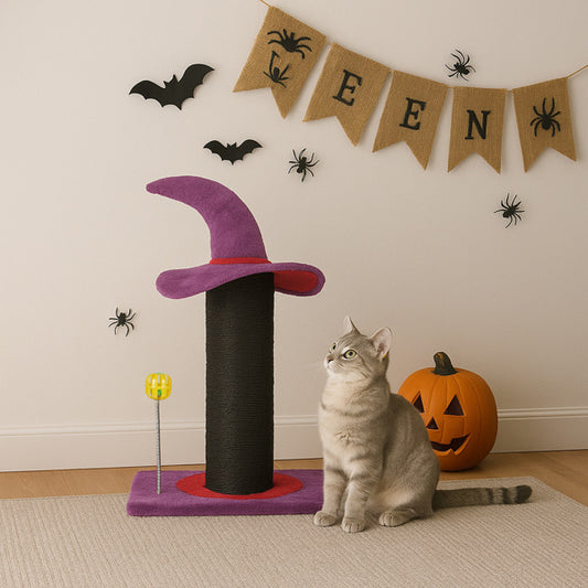 Wizard Hat Cat Scratching Post with Spring Ball Toy - Spooky Purple Halloween Decor