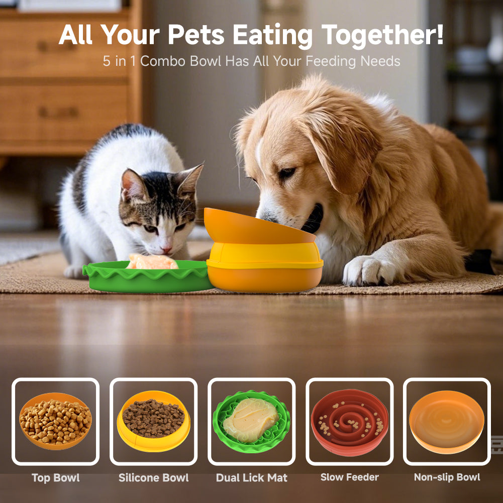 5-in-1 Hamburger Pet Bowl Set – Stackable Multi-Layer Feeding Station for Cats & Dogs
