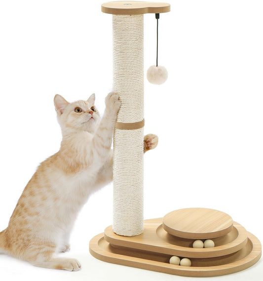 GianfiStore sisal cat scratching post with furry hanging ball – natural sisal pole and 3-level ball track