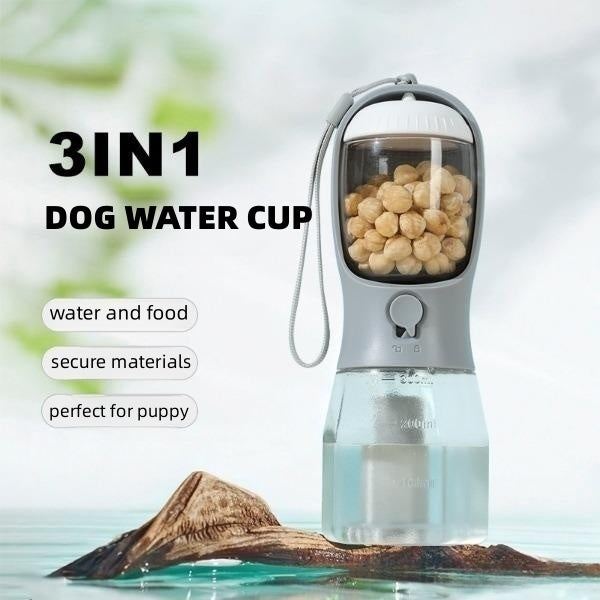 3-in-1 Portable Dog Travel Bottle — Water Dispenser, Food Container & Waste Bag Station