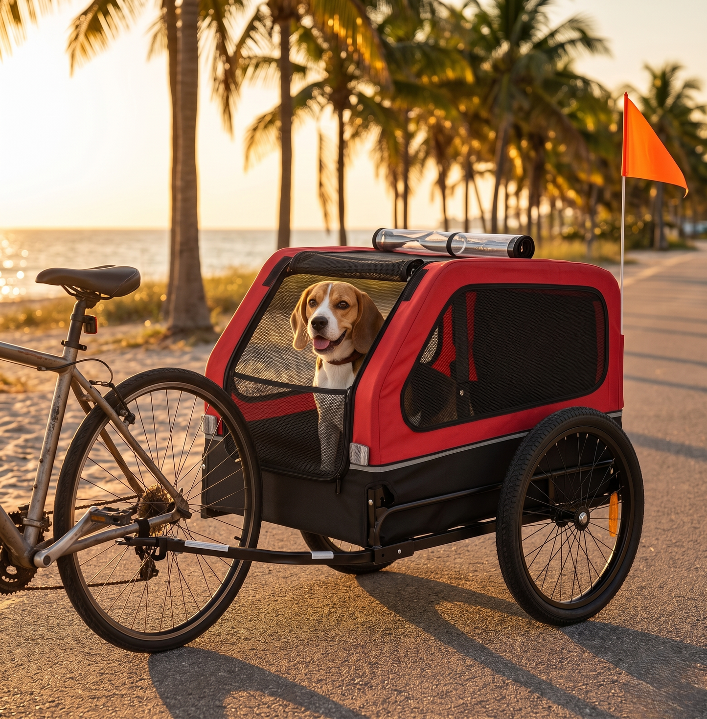 Red dog bike trailer parked on Florida coastal road at sunset - happy Beagle looking out the front mesh window, palm trees and ocean in background, safety flag visible