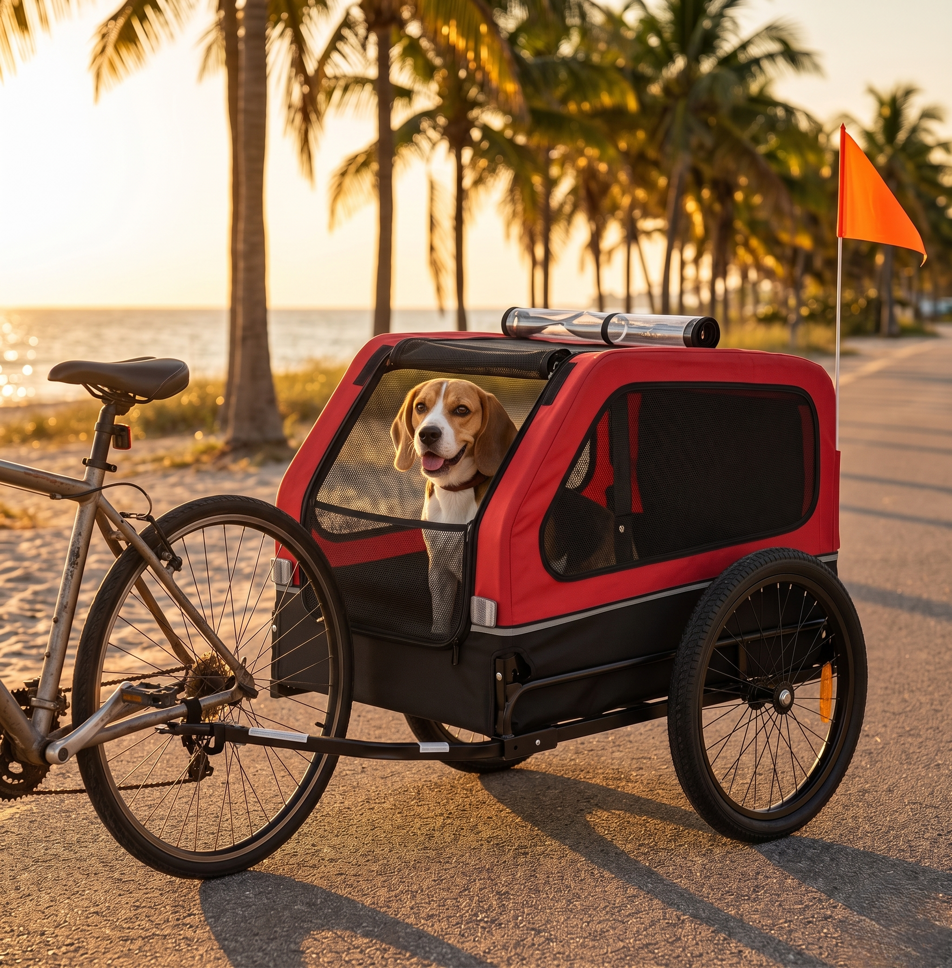 Red dog bike trailer parked on Florida coastal road at sunset - happy Beagle looking out the front mesh window, palm trees and ocean in background, safety flag visible