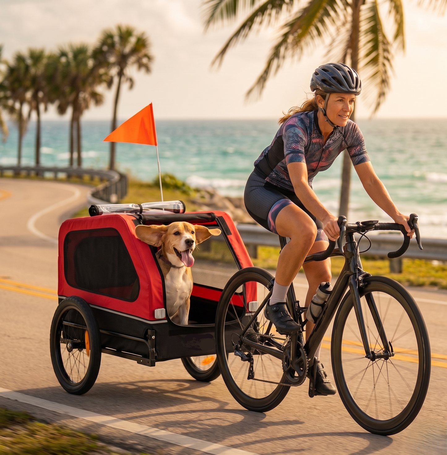 Dog bike trailer red - woman cycling on Florida coastal road with Beagle inside, golden hour, palm trees and ocean background