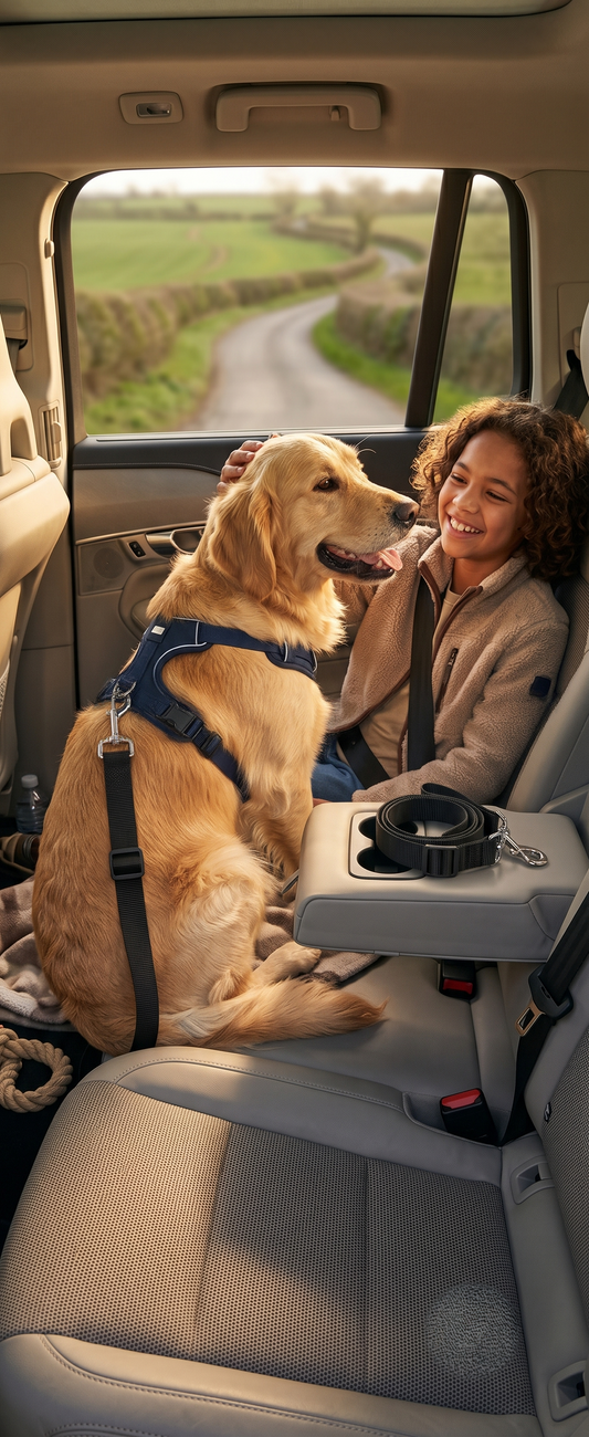 Child smiling with Golden Retriever safely harnessed in car back seat - GianfiStore dog seat belt family travel