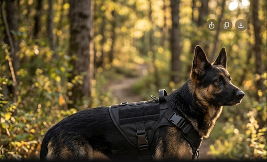 GianfiStore Tactical Dog Harness features infographic – reflective strips, metal buckles, adjustable fit