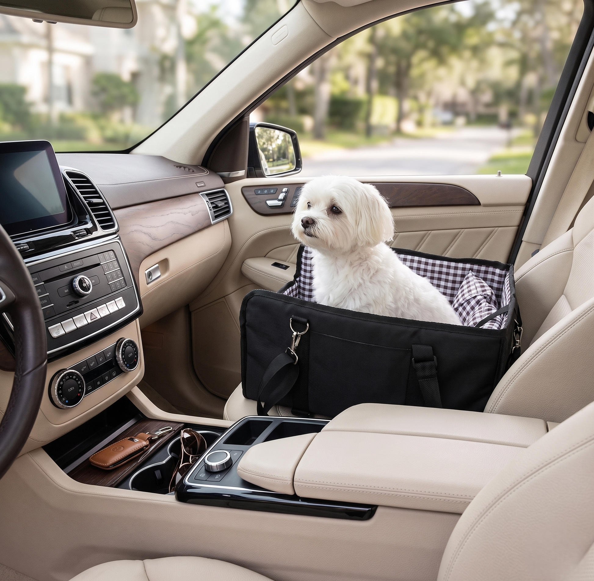 Small white Maltese dog sitting in black console car seat with plaid interior inside luxury SUV