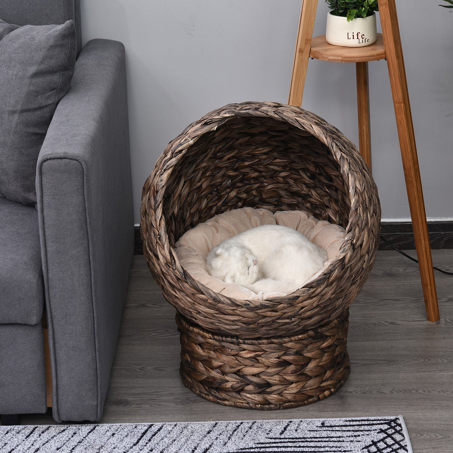 Handcrafted Elevated Rattan Cat Bed with Rotating Basket