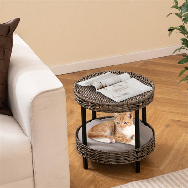 Side view 2-tier rattan cat bed with washable cushion