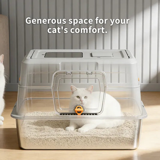 XL stainless steel cat litter box 60x40x40cm interior, fits large cats and multi-cat households
