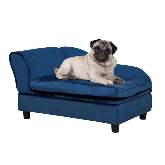 Luxury blue velvet pet sofa with 23L hidden storage - front view