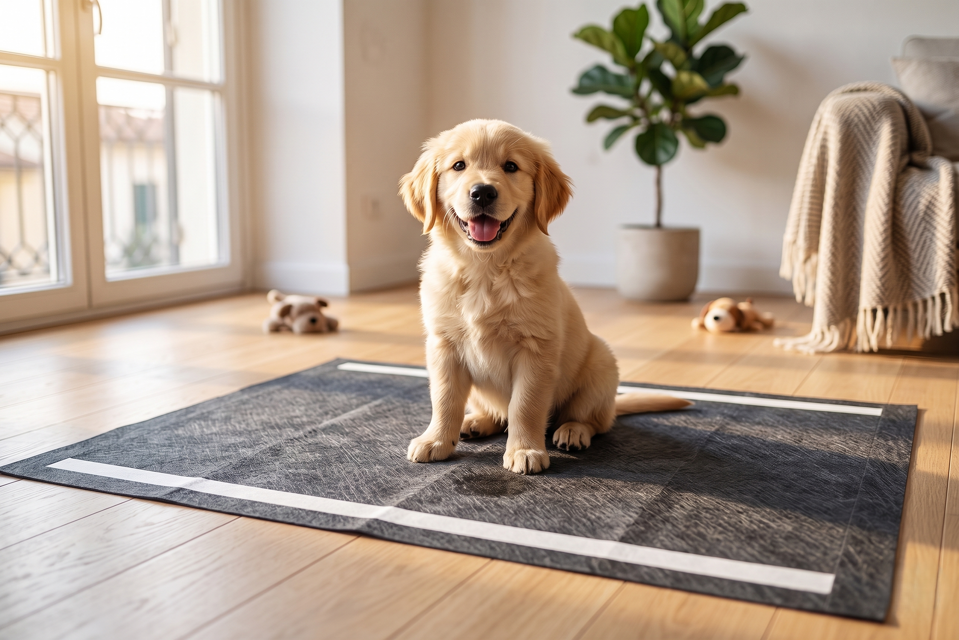 Golden Retriever puppy sitting on large black activated carbon dog pee pad in bright modern living room