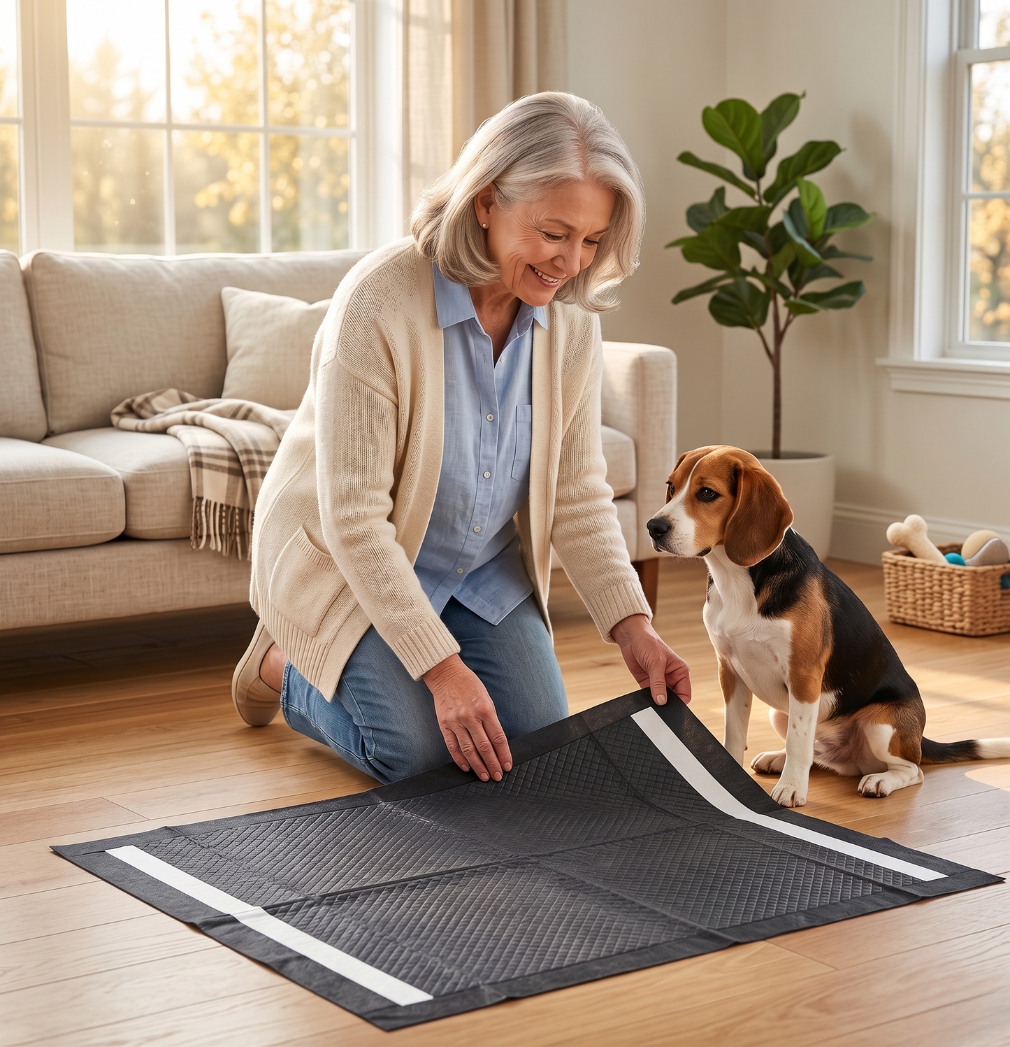 Senior woman placing black activated carbon dog pee pad on floor with Beagle watching - easy setup