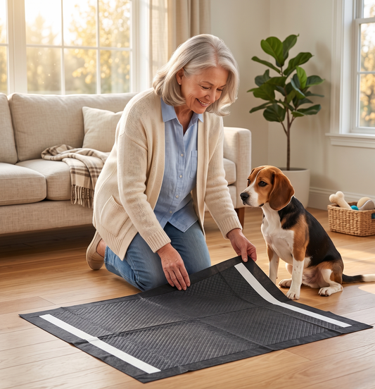 Senior woman placing black activated carbon dog pee pad on floor with Beagle watching - easy setup