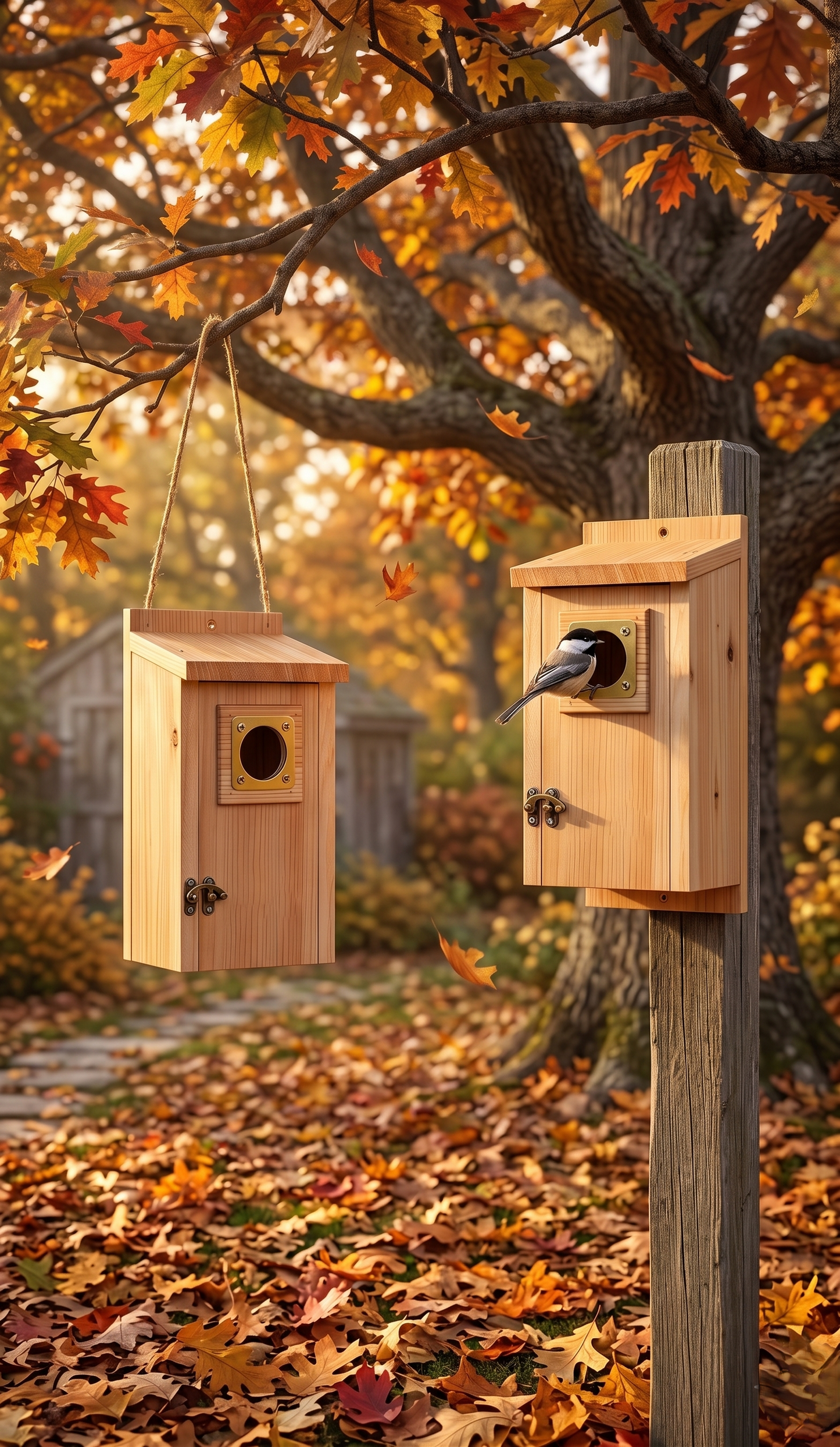 Cedar birdhouses in autumn garden — golden fall leaves oak tree nesting houses for small birds