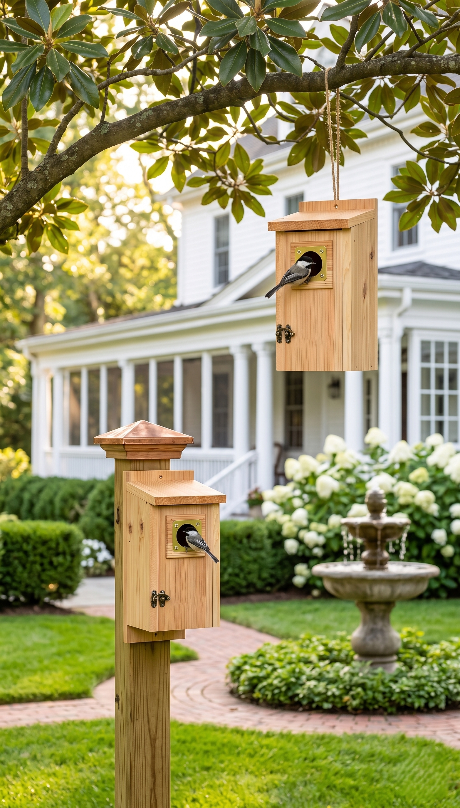 Set of 2 cedar birdhouses in luxury American villa garden — one hanging from tree, one on post with chickadee
