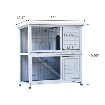 41" 2-Story Wooden Rabbit Hutch - Modern Farmhouse Gray | Double No-Leak Plastic Trays