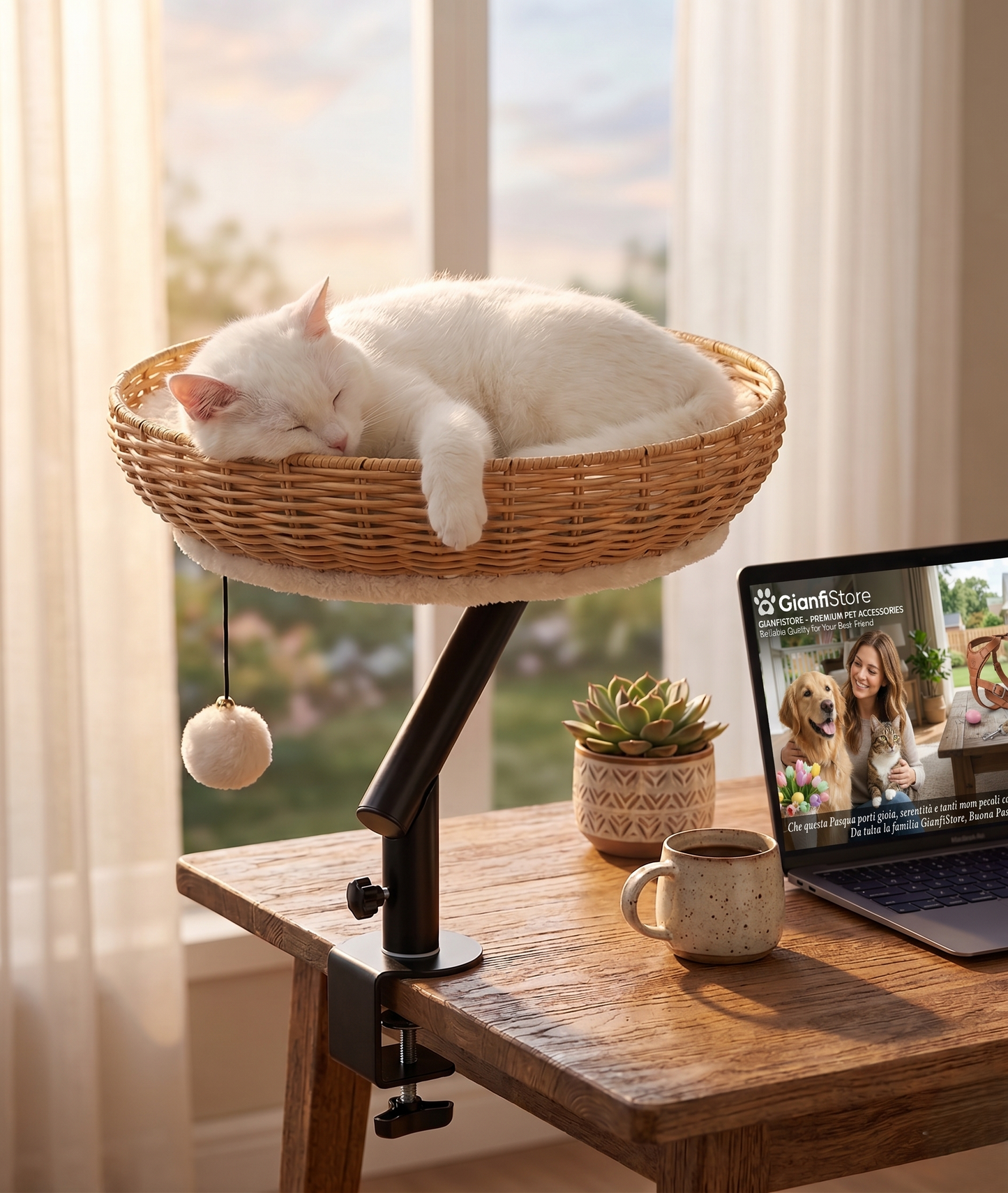 White cat sleeping in GianfiStore 360° rotatable desktop cat bed perch clamped on wooden desk with laptop and coffee mug