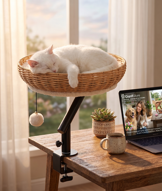 White cat sleeping in GianfiStore 360° rotatable desktop cat bed perch clamped on wooden desk with laptop and coffee mug